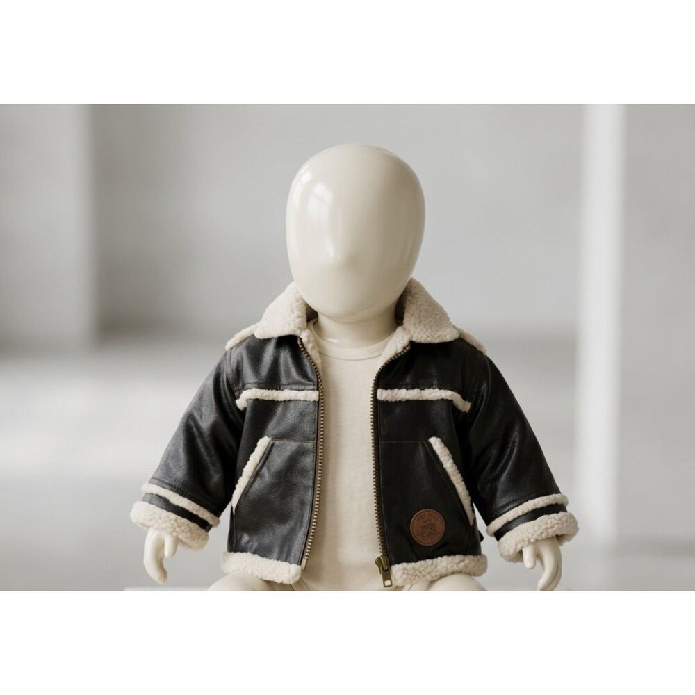 Infant Aviator Bomber Jacket Dark Chocolate Brown Faux Leather Sherpa Trim 6M